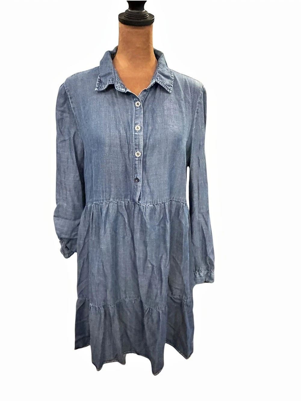 Velvet Heart XS Tencel Chambray Shirt Dress Tiered Button Denim Blue Boho Collar